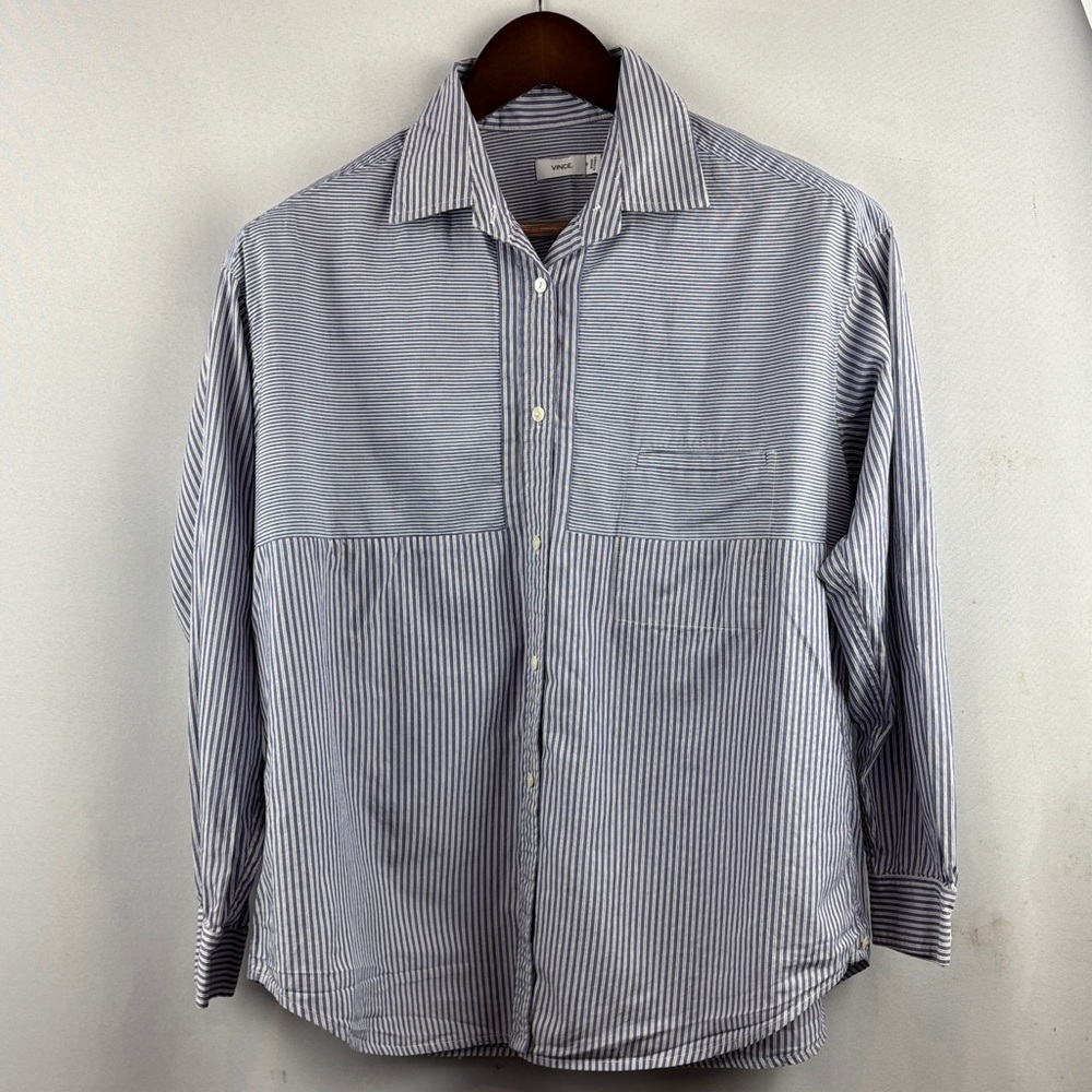 Women’s Vince Navy and White Striped Button Down Shirt